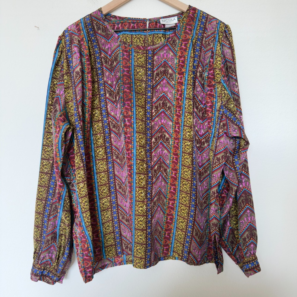 VTG 90s Nicola Top 2X Multicolor Blouse Artsy Long Sleeve Patchwork Paisley